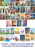 A collage grid showing many colorful book covers related to Sikh comics and children's stories, with a blue text banner at the bottom reading '42 Books - Complete Set of 28 English Sikh Comics and 14 My Guru's Blessings Books.' 