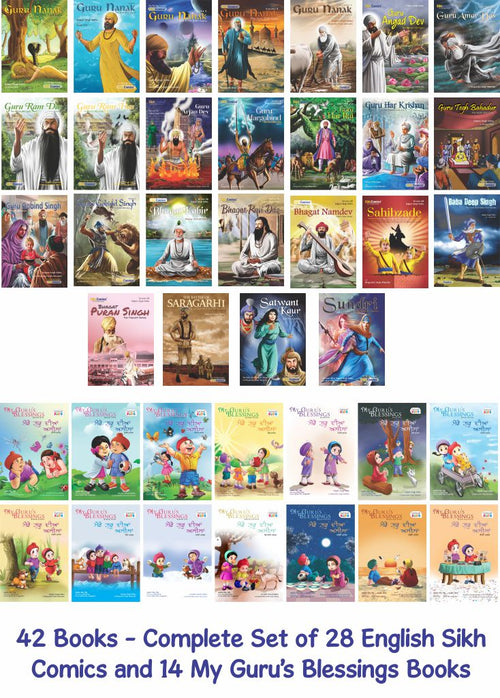 A collage grid showing many colorful book covers related to Sikh comics and children's stories, with a blue text banner at the bottom reading '42 Books - Complete Set of 28 English Sikh Comics and 14 My Guru's Blessings Books.' 