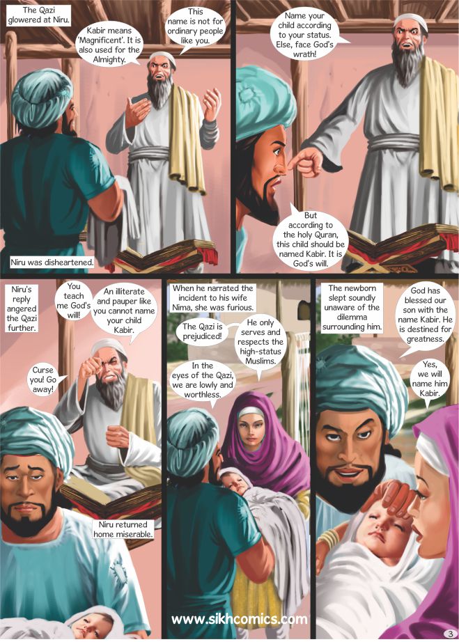 Bhagat Kabir Das is being given his name by his muslim parents. Comics text is in English.