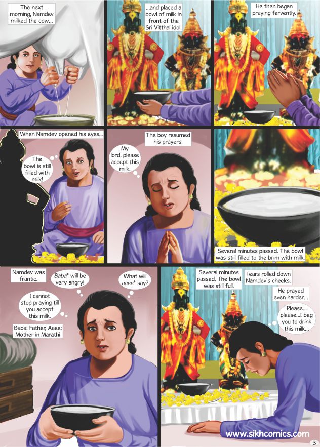 Bhagat Namdev is praying to Shri Vithal and requesting him to drink the offering of milk. Comics text is in English.