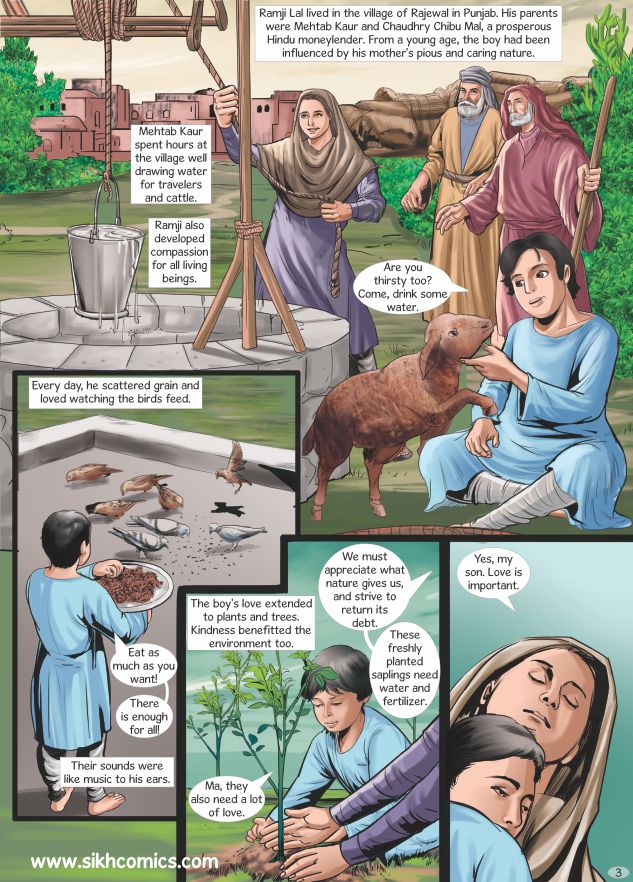 Bhagat Puran Singh growing up in an environment of piety, compassion and seva. Comics text is in English.