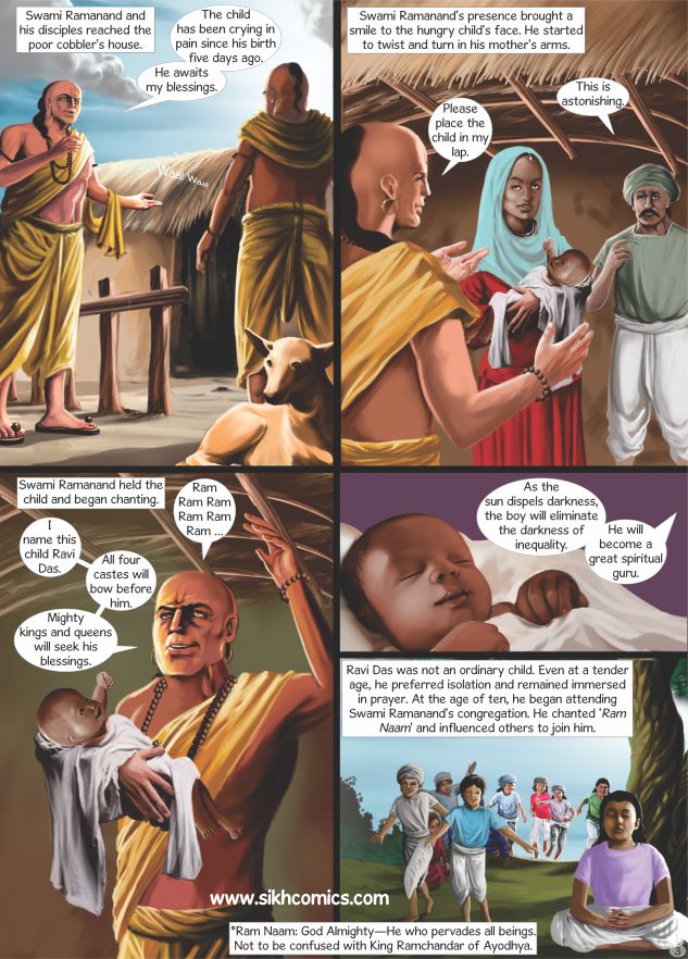 Ramanand proclaims that Ravi Das will grow up and become a great saint. Comics text is in English.