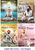 A four-panel collage of illustrated books titled "Bhagat Kabir," "Bhagat Ravi Das," "Bhagat Namdev," and "Bhagat Puran Singh," each showing a different Sikh saint in traditional robes and settings. The panels have colorful backgrounds and the visible publisher mark "Sikh Comics" appears on each cover.