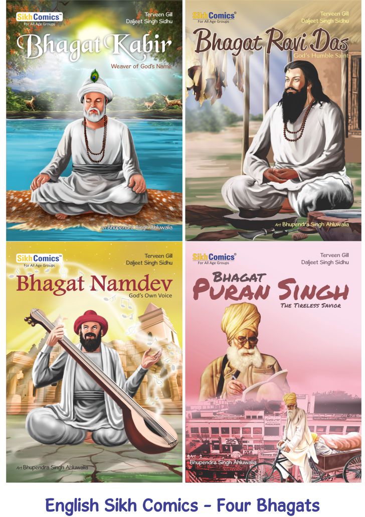 A four-panel collage of illustrated books titled "Bhagat Kabir," "Bhagat Ravi Das," "Bhagat Namdev," and "Bhagat Puran Singh," each showing a different Sikh saint in traditional robes and settings. The panels have colorful backgrounds and the visible publisher mark "Sikh Comics" appears on each cover.