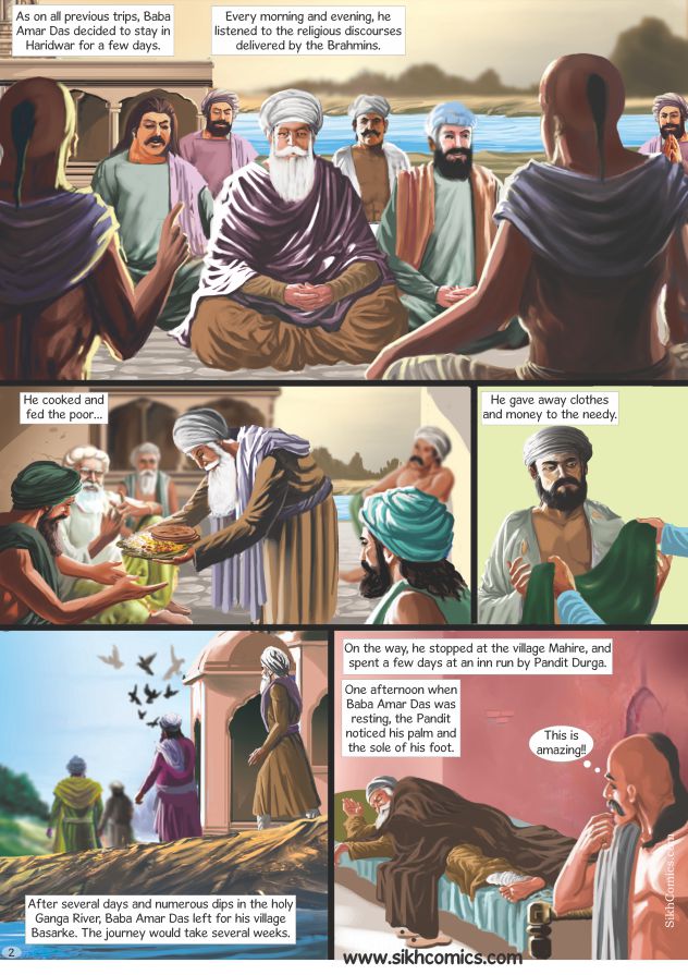 Guru Amar Das in haridwar sitting in satsang, doing seva. In the last panel a pandit sees padam in his feet. Text is in English.