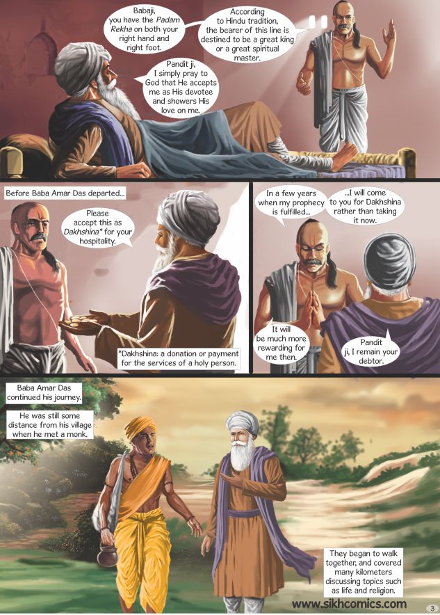 A pandit sees the bottom of Guru Amar Das's feet and predicts that he will be a spiritually learned man one day. Comics text is in English.