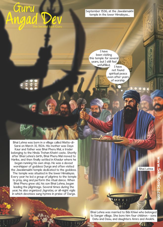 Illustration of Guru Angad praying at Jawalamukhi temple before he met Guru Nanak and later became the Guru.