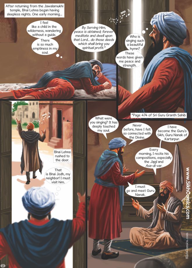 Guru Angad longing for a Guru spending sleepless nights and then meeting Bhai Jodh singing Gurbani.
