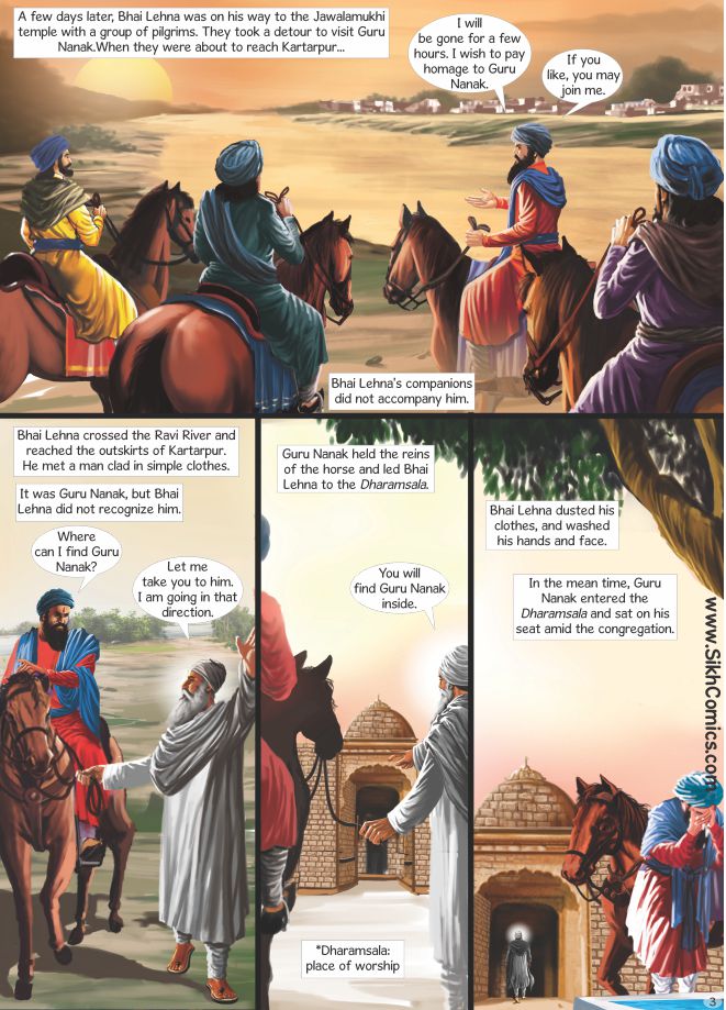 Sikh Comic strip depicting journey Bhai Lehna on horseback going to meet Guru Nanak and then becoming his diciple.