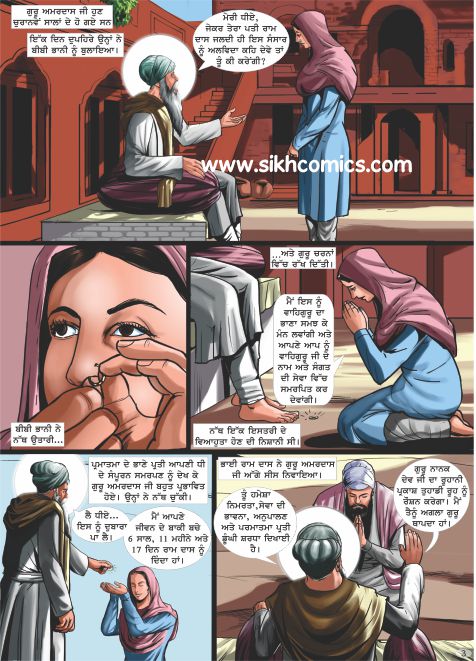 Guru Amar Das predicting Guru Ram Das's death and then extending his life by about six years. Comics text is in Punjabi.
