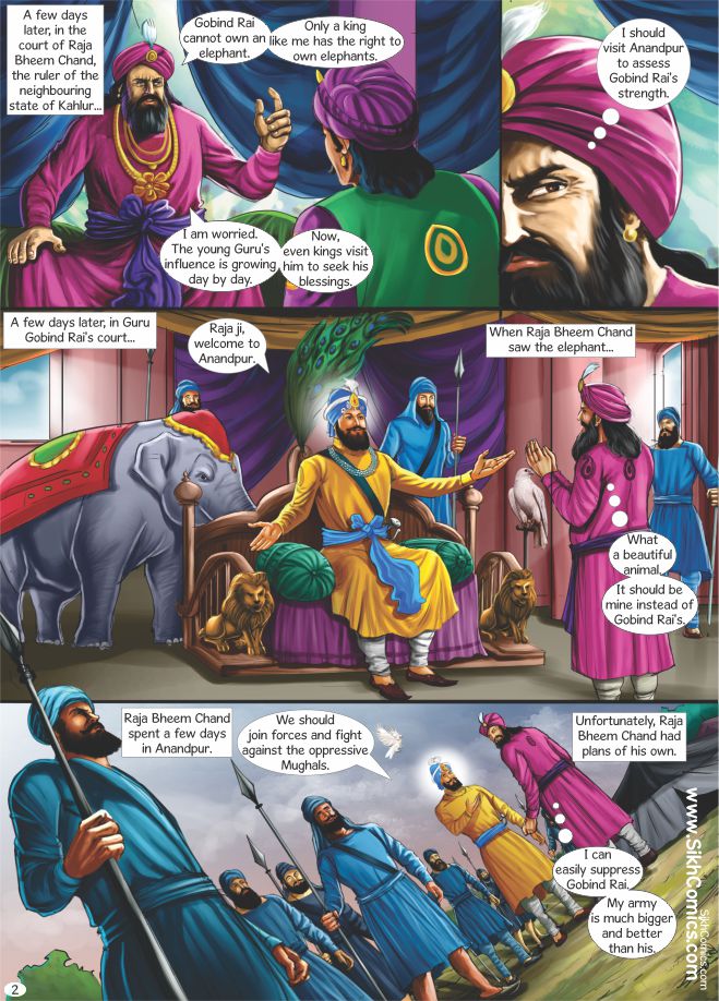 Guru Gobind Singh meeting Hindu Raja of Kahlur Bilaspur in Sikh Comic strip.