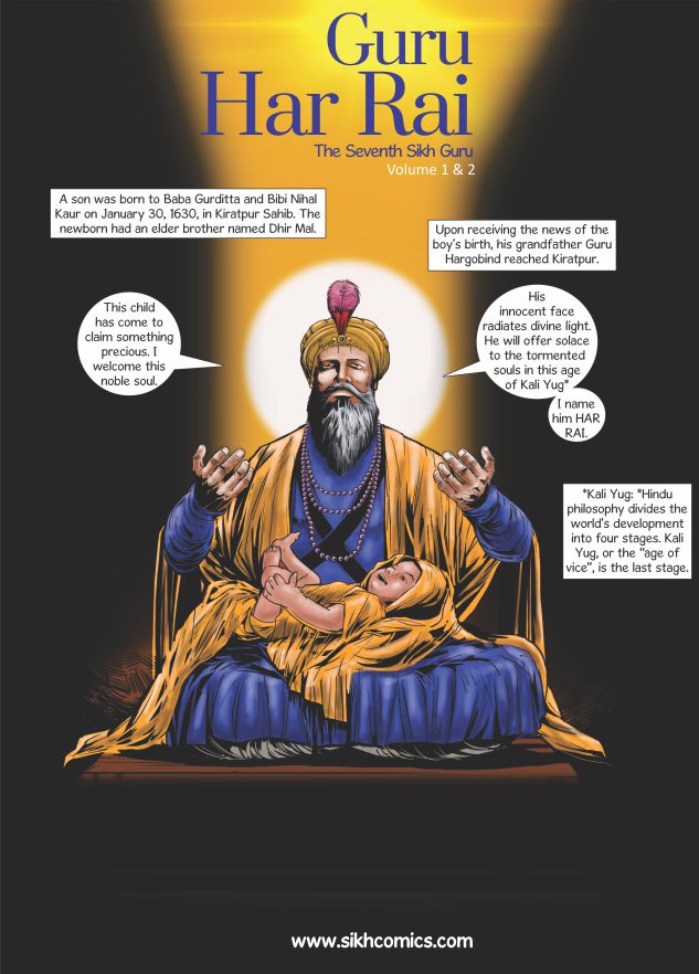 Guru Har Gobind with his grand son Guru Har Rai a few days after his birth giving him blessings.