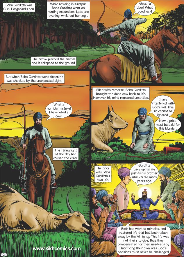 Sikh Comics strip with a man Baba Gurditta ji on horseback interacting with a cow in a natural setting.