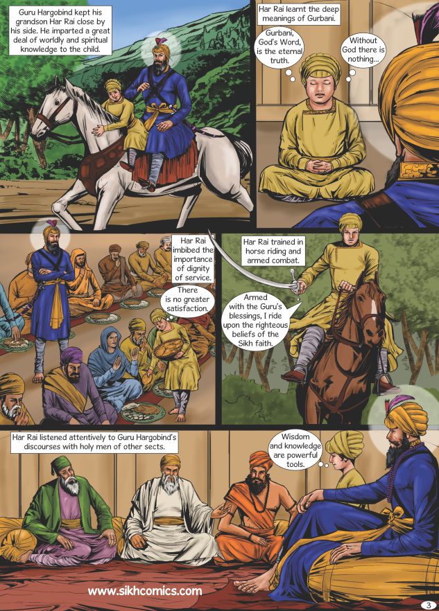 Sikh Comic strip depicting a historical narrative with Guru Har Gobind and Har Rai on horseback and sitting, set against a scenic background.