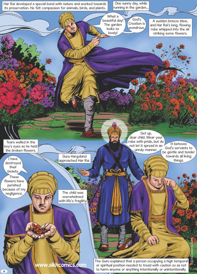 Sikh Comic strip with Guru Har Rai in tears after breaking a few flowers in a garden. Guru Har Gobind is consoling him.