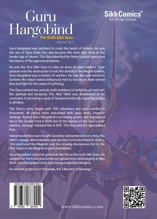 Faint image of Guru Gar Gobind, ready for battle. Also there is his life story in English. 