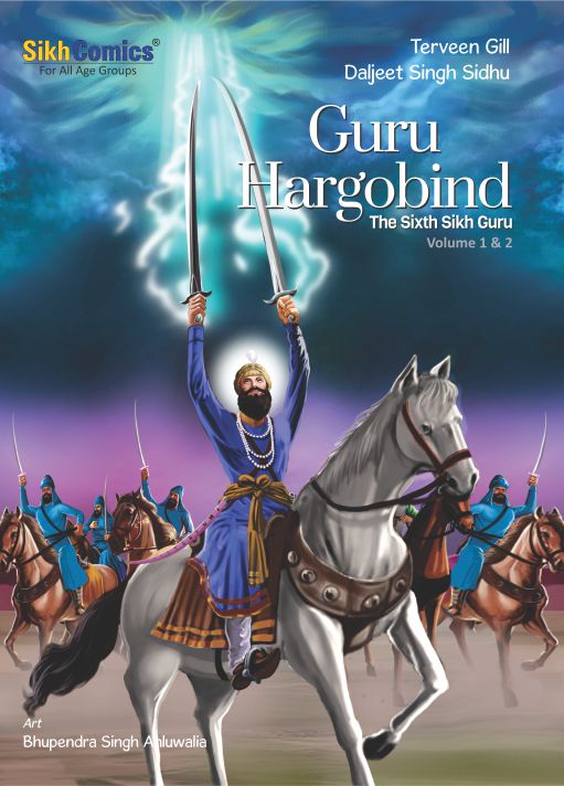 Guru Har Gobind, sixth Guru of Sikhs with two swords of miri and piri, on horse back, ready for battle with the Mughals. Title is in English.