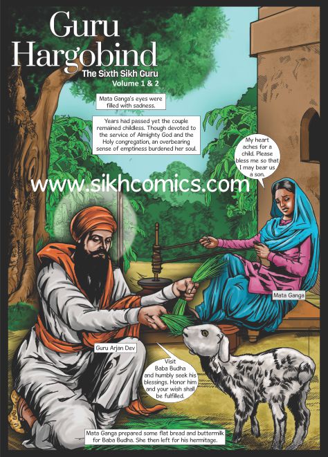 Guru Arjan tending to a goat. His wife Mata Ganga wanting a child and the Guru asking her to visit Baba Budha ji for blessings to have a child. Comics text is in English.