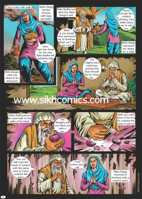 Mata Ganga ji with Baba Budha ji to ask for blessings to have a child. Har Gobind was then born to her and Guru Arjan. Comics text is in English.