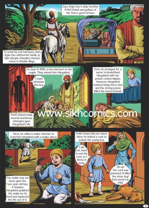 Prithi Chand conspiring against Har Gobind to kill him but Har Gobind  surviving attempts on his life. Comics text is in English.