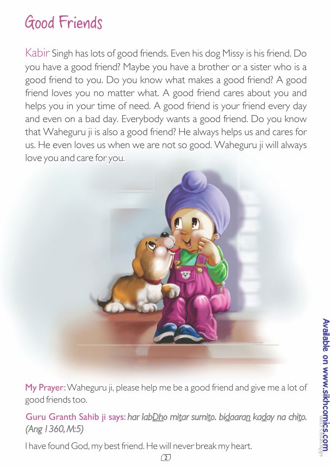 Illustration of a child with a dog and text about good friends, with a focus on Sikh values.
