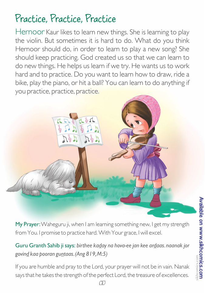 Illustration of a Sikh girl learning to play the violin with text about practice and learning new things.