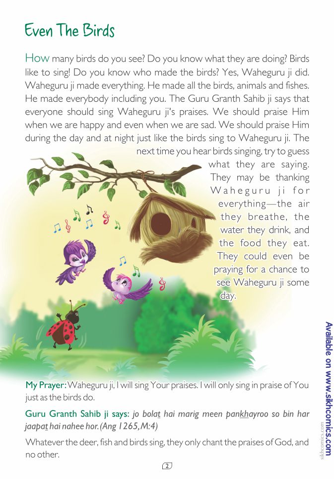 Page from a Sikh children's book about birds and their connection to nature, featuring illustrations and text.
