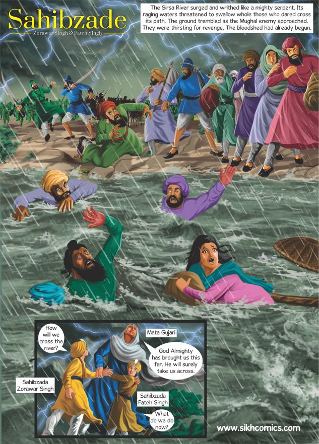 Comic strip depicting a dramatic scene with characters in a river, from Sikh comics series. Text is in English