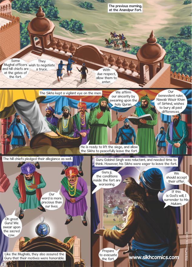 Sikh Comics strip set at Anandpur Fort with characters and text boxes in English. Depicting Guru Gobind Singh receiving the Mughals and Hindu Rajas. 