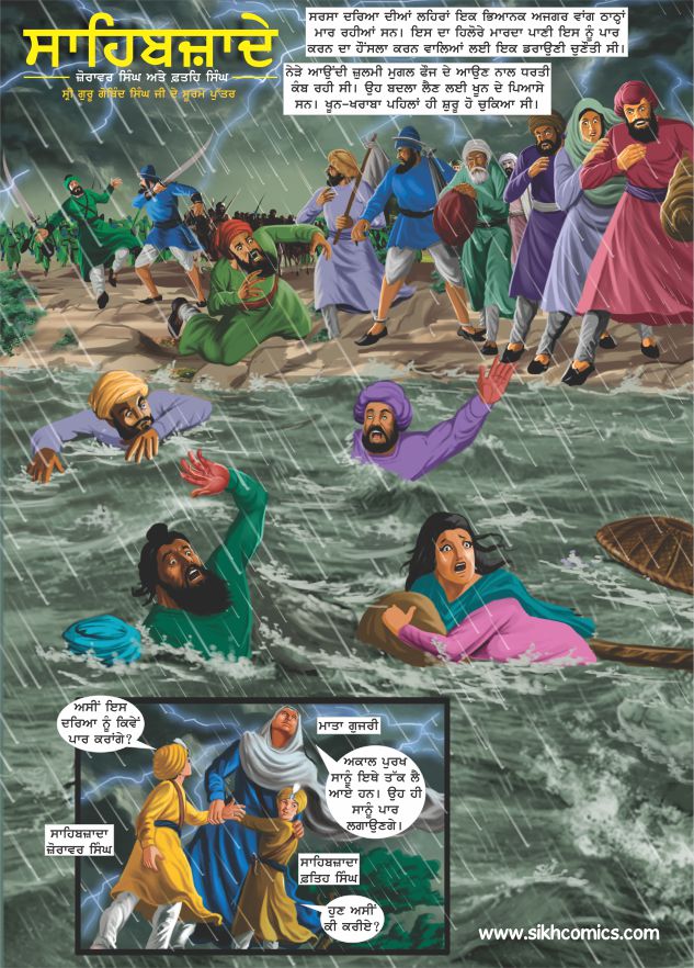 Comic strip depicting a dramatic scene with characters in Sirsa river, from Sikh comics series. Text is in Punjabi.