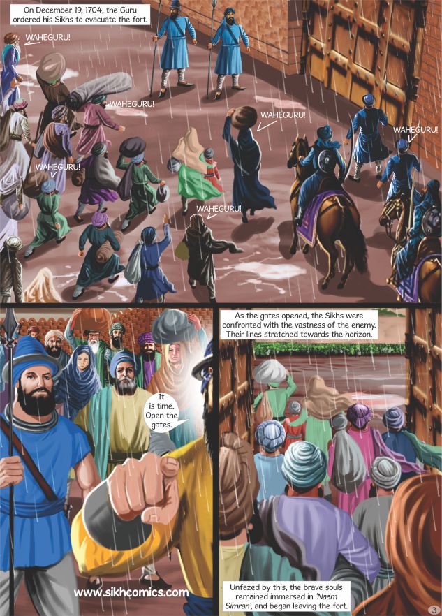 Sikh Comics strip with Sikhs leaving the Anandpur Fort with Guru Gobind Singh. Text is in English.