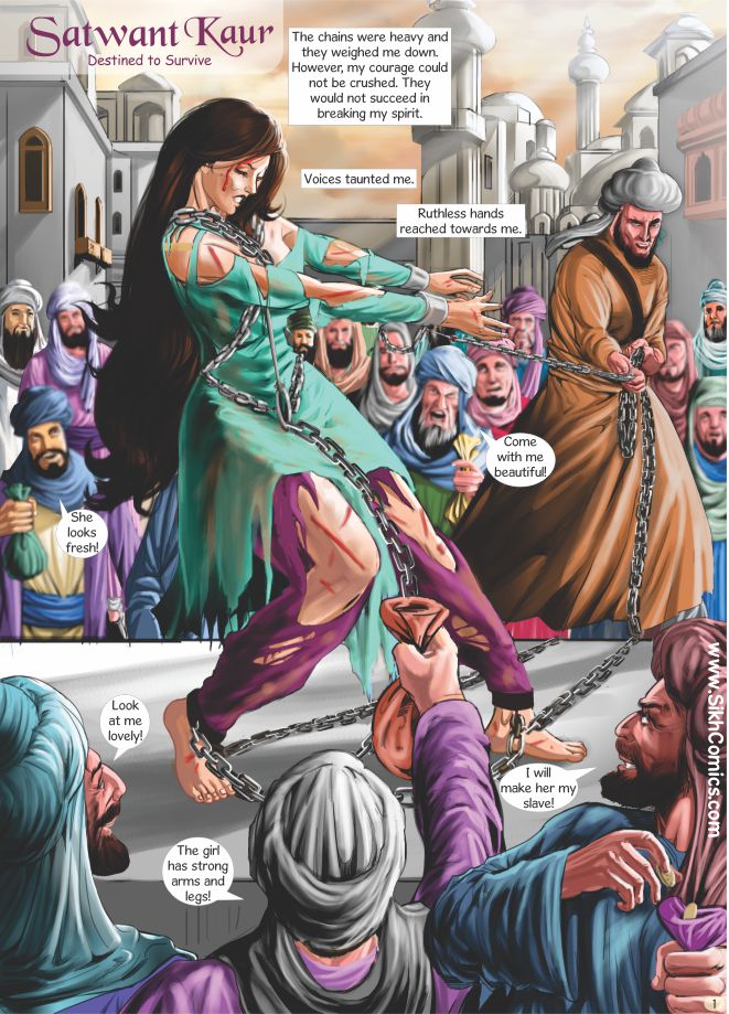 Comic strip of a woman in chains surrounded by men in Kabul.