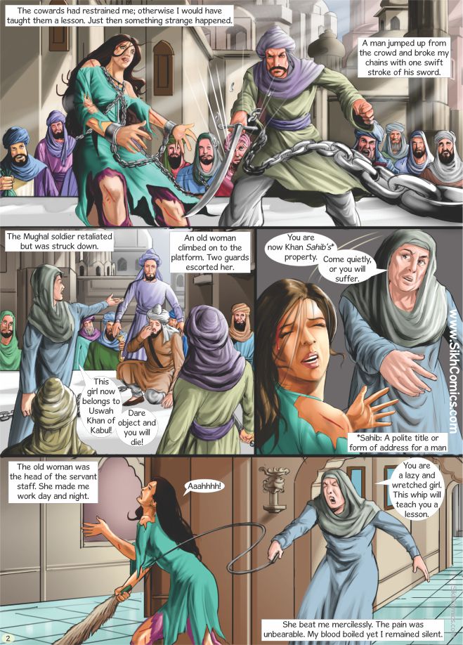 Sikh Comic strip with Satwant Kaur being beaten and ill treated.