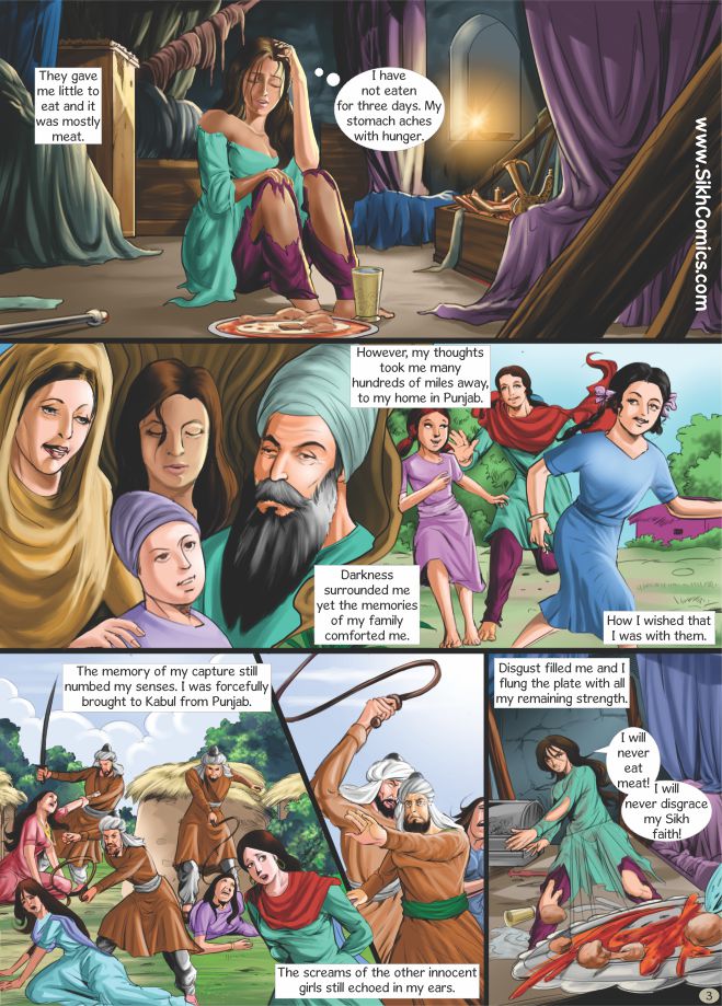 Sikh Comic strip with multiple panels depicting a Sikh woman's journey and experiences, including a scene in a palace and interactions with other characters.