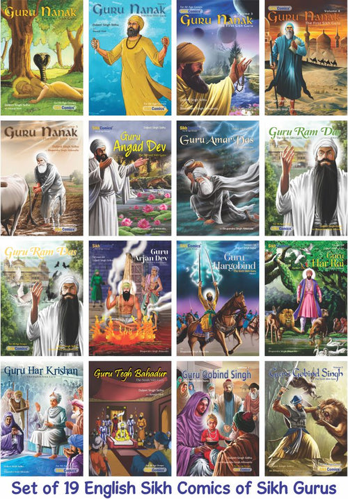 A collage of 19 illustrated book covers featuring various Sikh Gurus, with a blue banner at the bottom reading 'Set of 19 English Sikh Comics of Sikh Gurus'.