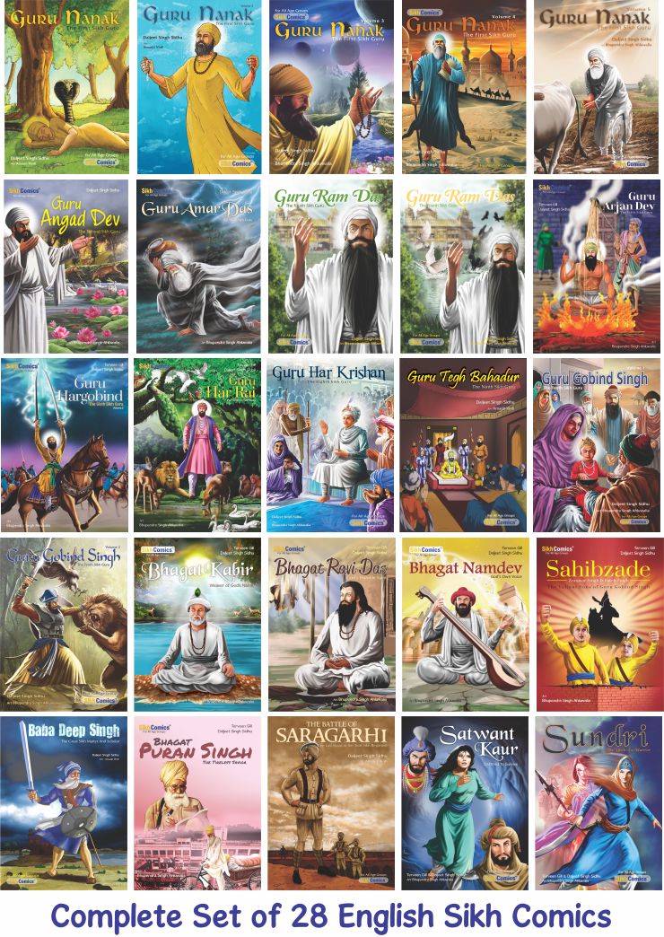 A collage of 28 colorful Sikh comic book covers arranged in a grid, with the text 'Complete Set of 28 English Sikh Comics' at the bottom. The covers feature illustrated scenes and characters from Sikh religious stories and figures, including Guru Nanak, Guru Har Krishan, and other saints, in various vibrant colors.