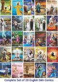 A collage of 28 colorful Sikh comic book covers arranged in a grid, with the text 'Complete Set of 28 English Sikh Comics' at the bottom. The covers feature illustrated scenes and characters from Sikh religious stories and figures, including Guru Nanak, Guru Har Krishan, and other saints, in various vibrant colors.
