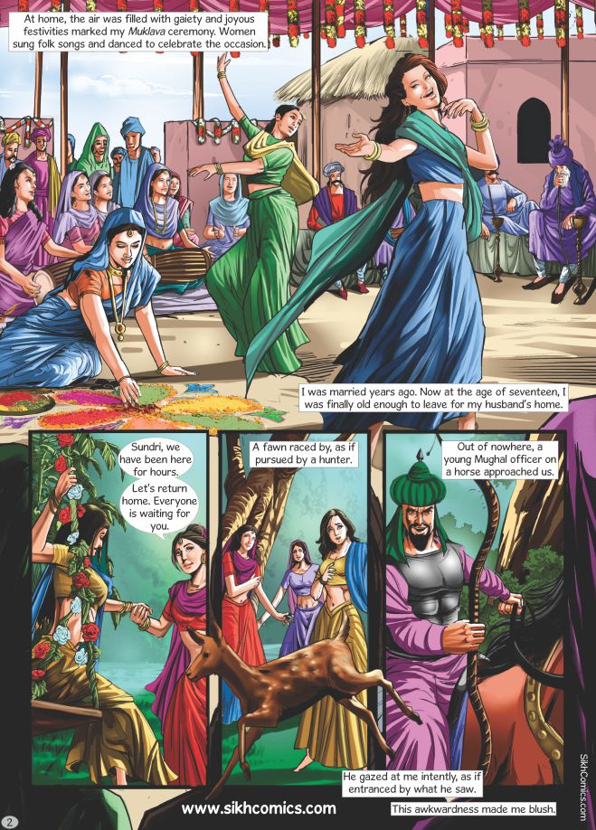 Comic strip depicting an India woman in traditional attire dancing and interacting with other characters in a festive setting. In the last panel a Mughal soldier is eyeing the women. Comics text is in English.