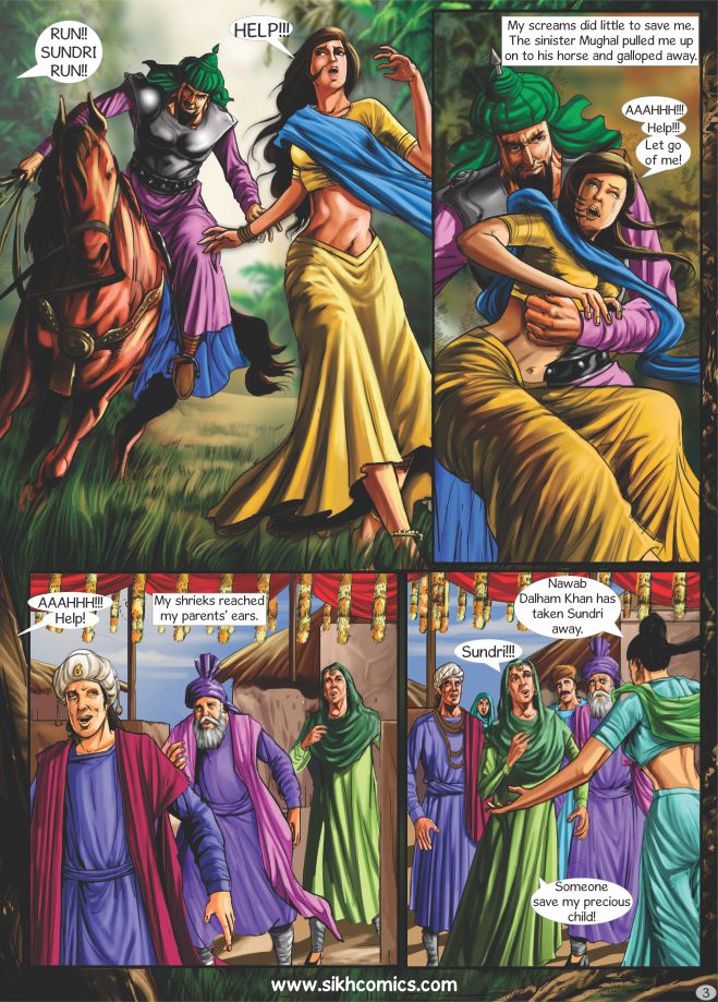 Mughal soldier has kidnapped a south asian woman in traditional attire and taking her away on the horse.