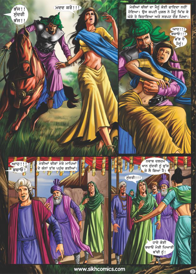 Mughal soldier has kidnapped a south asian woman in traditional attire and taking her away on the horse.
