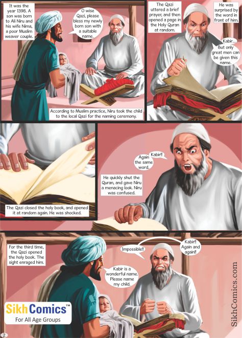 Kabir is born but his parents struggle to name him because they were low status Muslims who had recently converted to Islam. Comics text is in English.