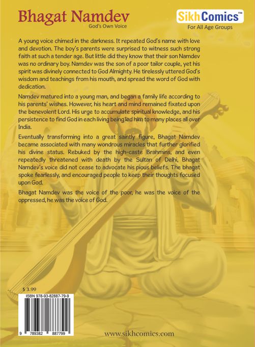 Faint image of Bhagat Nam dev playing a musical instrument, with a background that includes a temple and God's light falling on him. Image also has text summary of English book.