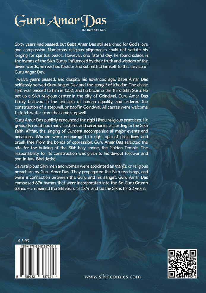 Guru Amar das carrying water for his Guru Ram Das. Also has text summary of the story in English.