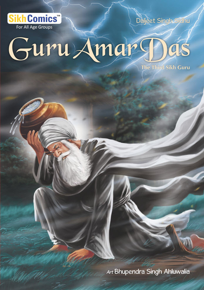 Guru Amar Das carrying water for his Guru Ram Das in the cover page of English Sikh Comics.
