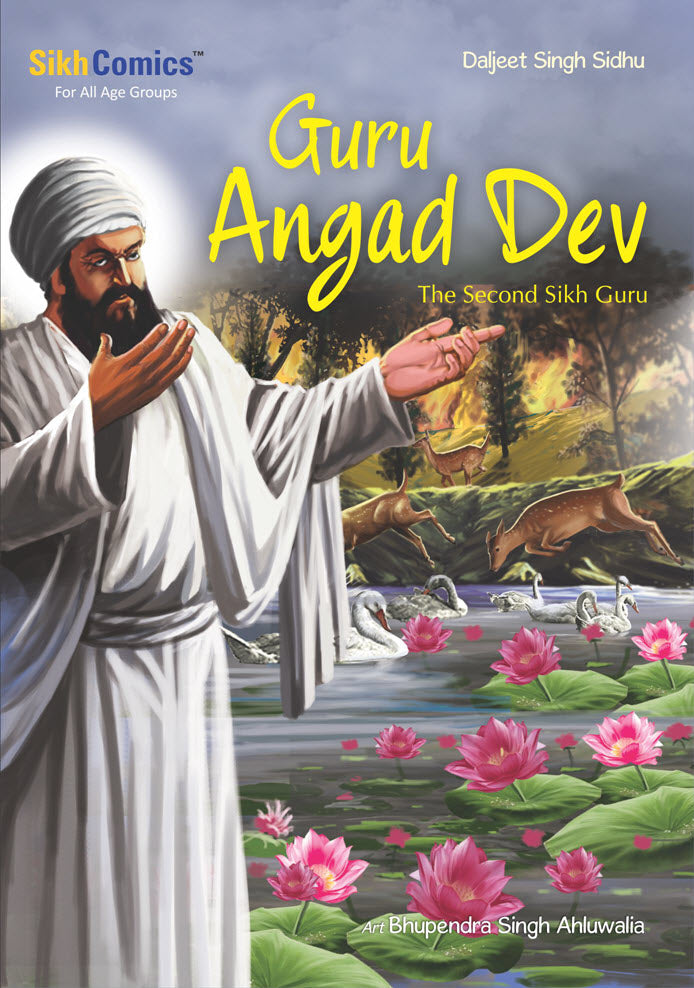 Featuring an illustration of Guru Angad Dev, the second Sikh Guru with a background that includes a pond and what appears to be a herd of deer. Some text is in English.