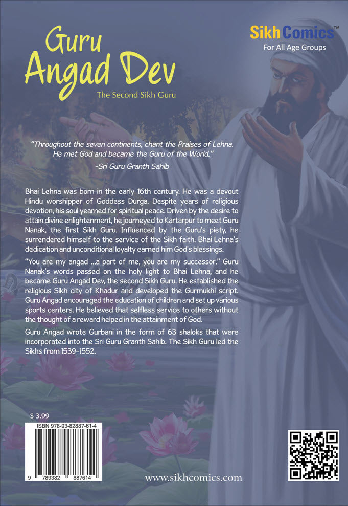 Guru Angad dev with text summary of his life and teachings written in English.