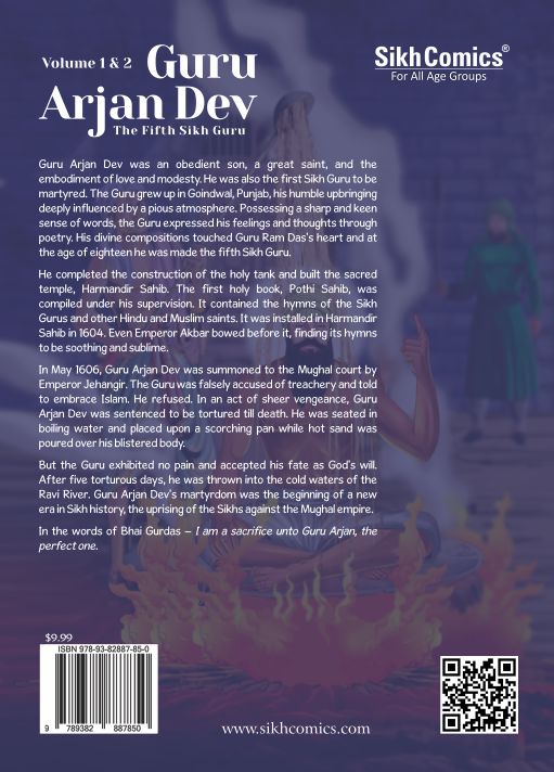 Faint image of Guru Arjan Dev, the Fifth Sikh Guru, with history, life and teachings in English text.