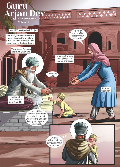 Arjan as child crawling towards his grandfather Guru Amar Das, the third Guru of Sikhs. His mother is rushing to pick him up. Comics text is written in English.