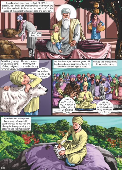 Arjan growing up in Goindwal with Guru Amar Das and parents Guru Ram Das and mother Bhani. Comics text is in English.