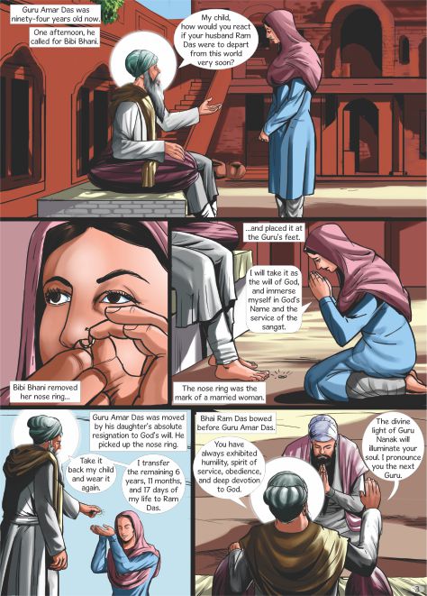 Guru Amar Das predicting Guru Ram Das's death and then extending his life by about six years. Comics text is in English.